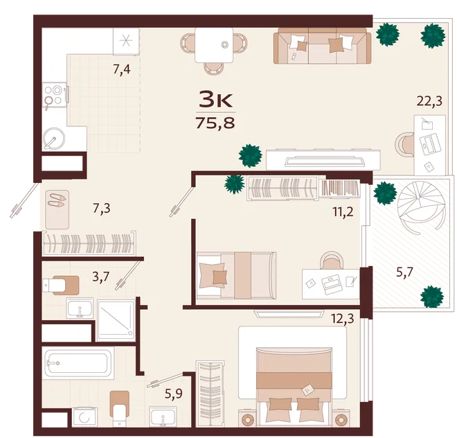 Планировка 3-комн. квартира, 75.8 м² ЖК «Роялта» Планировка 3-комн. квартира, 75.8 м² ЖК «Роялта»