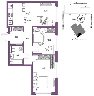 Планировка 3-комн. квартира, 60.98 м² ЖК «Страна Прибрежная»
