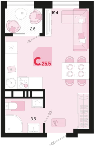 Планировка Студия, 25.5 м² ЖК «Первое место»