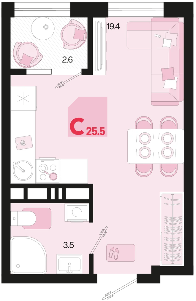 Планировка Студия, 25.5 м² ЖК «Первое место» Планировка Студия, 25.5 м² ЖК «Первое место»
