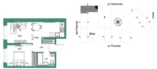 Планировка 2-комн. квартира, 39 м² ЖК «Остров-сад»
