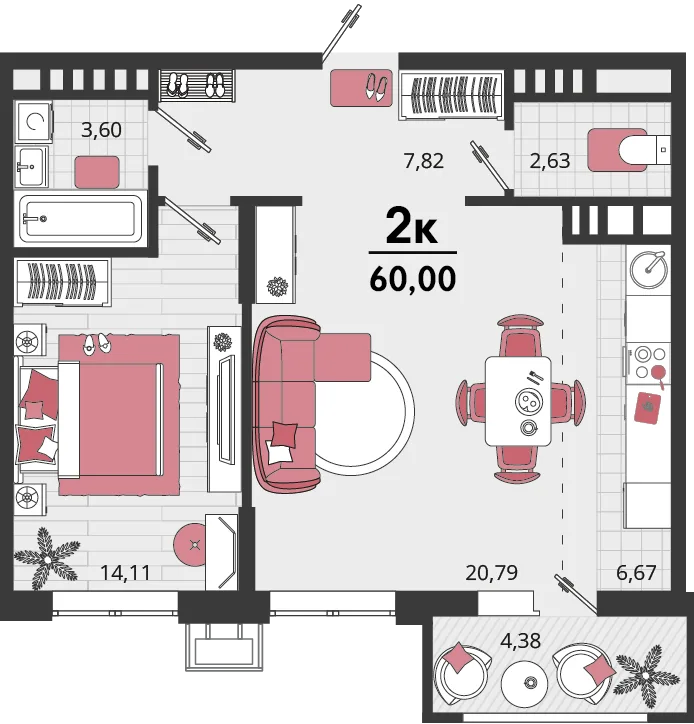 Планировка 2-комн. квартира, 60 м² ЖК «Родные просторы»