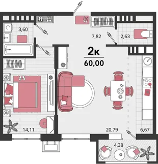 Планировка 2-комн. квартира, 60 м² ЖК «Родные просторы»