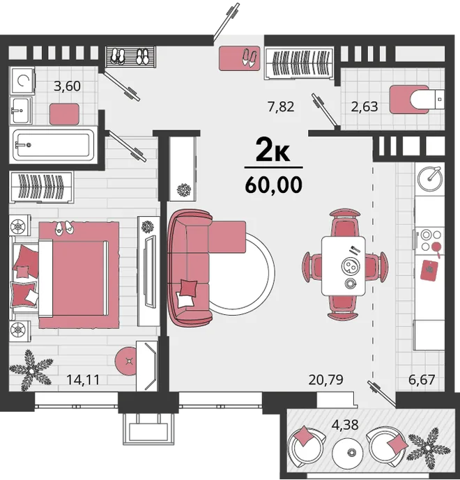 Планировка 2-комн. квартира, 60 м² ЖК «Родные просторы» Планировка 2-комн. квартира, 60 м² ЖК «Родные просторы»