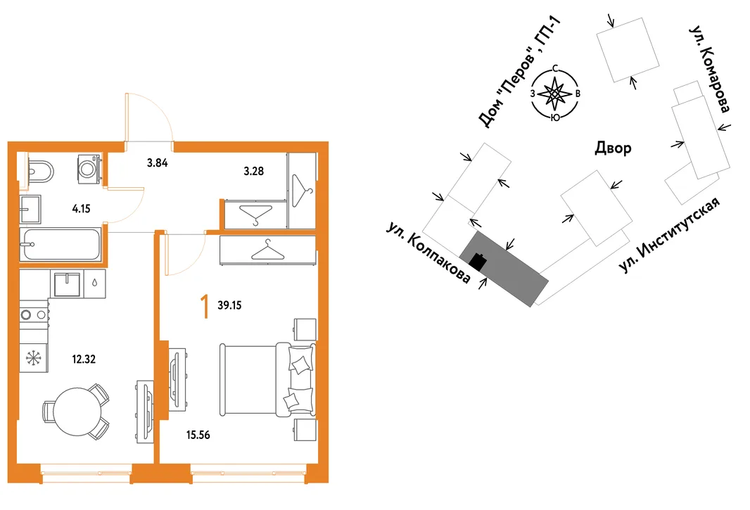 Планировка 1-комн. квартира, 39.15 м² ЖК «Страна.Парковая»