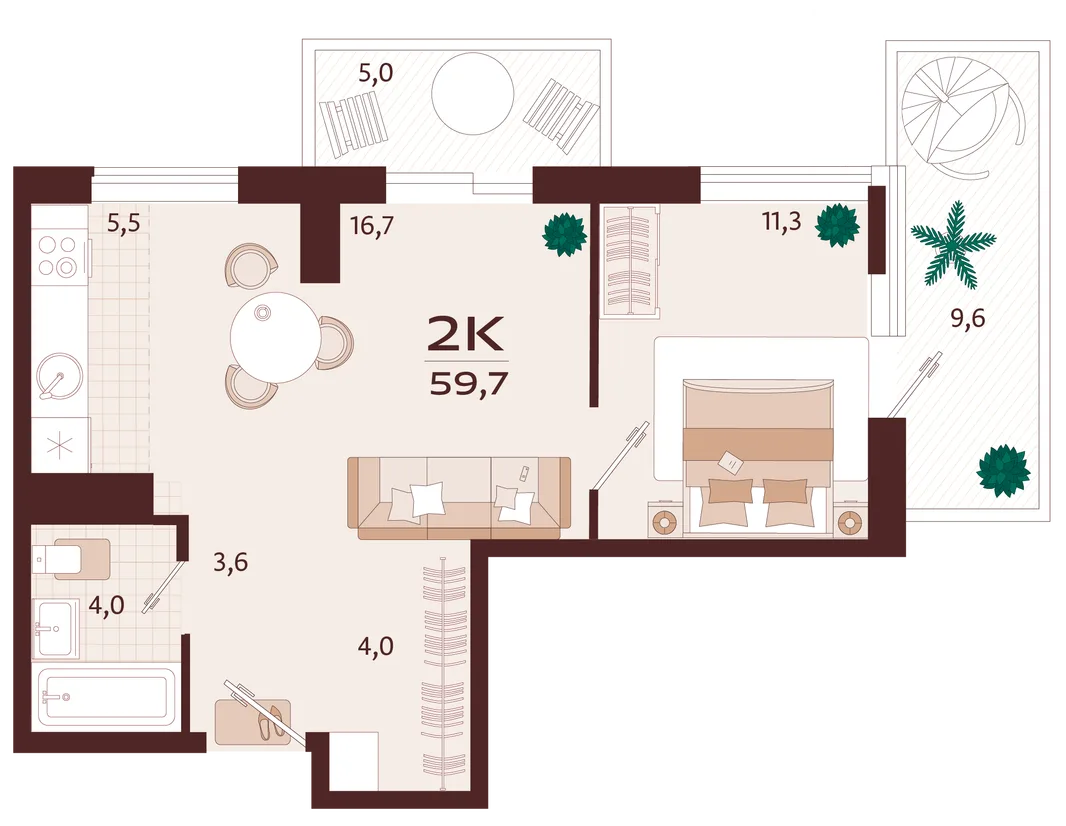 Планировка 2-комн. квартира, 59.7 м² ЖК «Роялта»