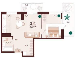 Планировка 2-комн. квартира, 59.7 м² ЖК «Роялта»