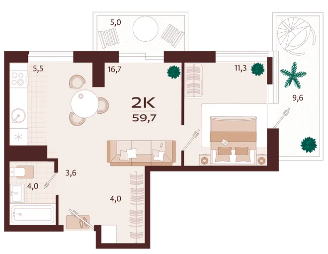 Планировка 2-комн. квартира, 59.7 м² ЖК «Роялта» Планировка 2-комн. квартира, 59.7 м² ЖК «Роялта»