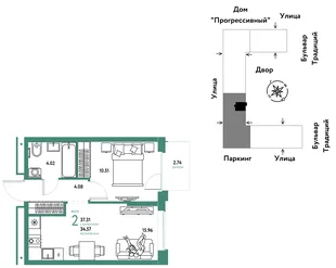 Планировка 2-комн. квартира, 37.31 м² ЖК «Микрорайон Домашний»