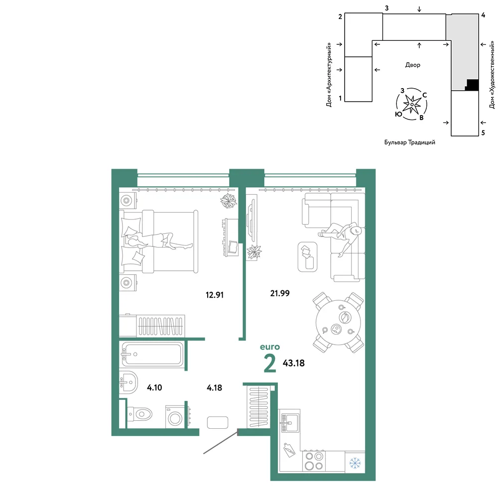 Планировка 2-комн. квартира, 43.18 м² ЖК «Микрорайон Домашний»