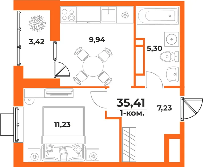 Планировка 1-комн. квартира, 35.41 м² ЖК «Живописный сад» Планировка 1-комн. квартира, 35.41 м² ЖК «Живописный сад»
