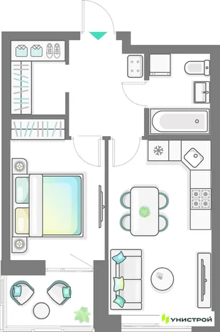 Планировка 2-комн. квартира, 40.51 м² ЖК «Лето»