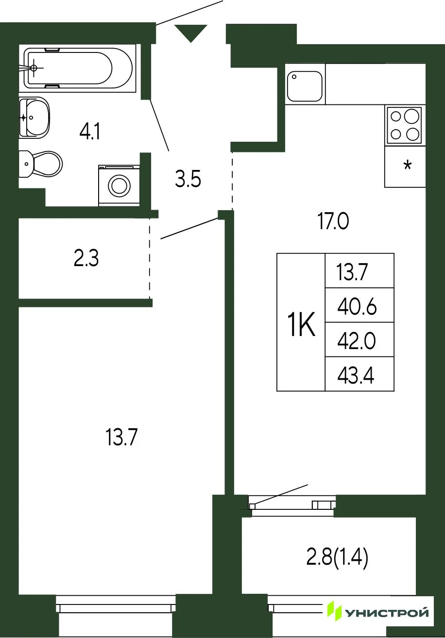 Планировка 1-комн. квартира, 42 м² ЖК «Парковый квартал 2.0»