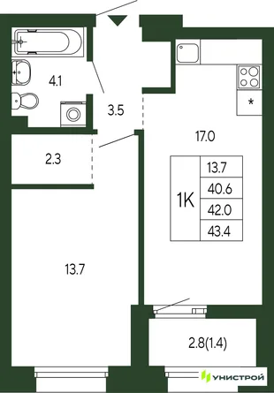Планировка 1-комн. квартира, 42 м² ЖК «Парковый квартал 2.0»