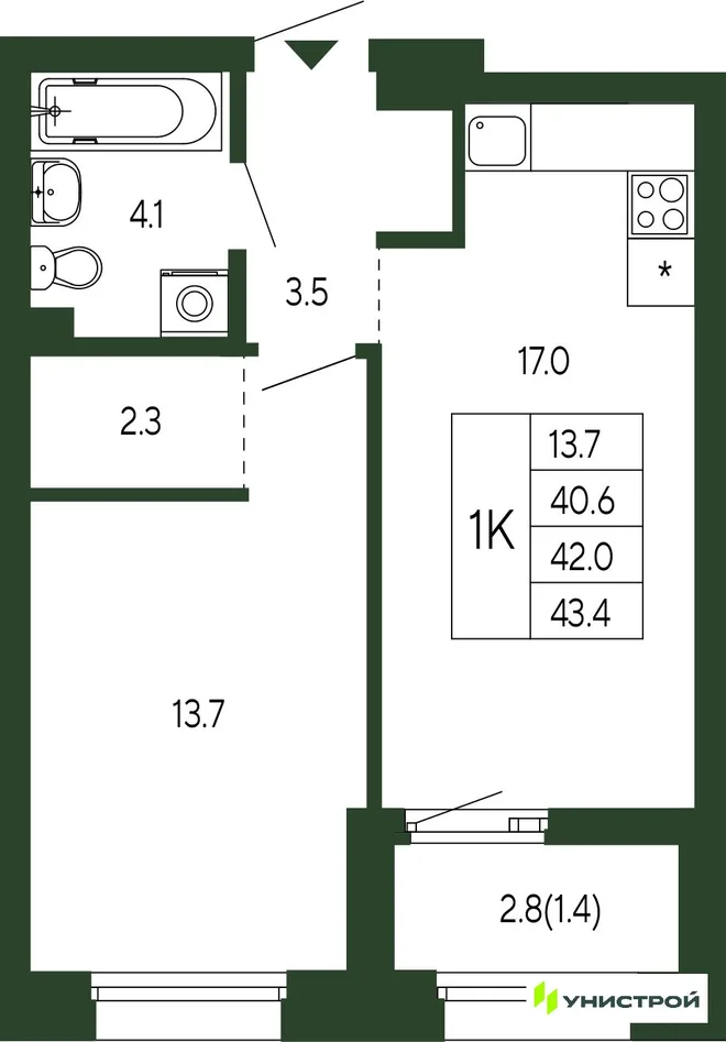 Планировка 1-комн. квартира, 42 м² ЖК «Парковый квартал 2.0» Планировка 1-комн. квартира, 42 м² ЖК «Парковый квартал 2.0»