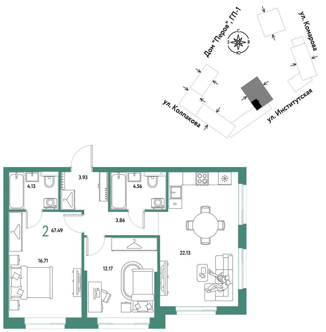 Планировка 2-комн. квартира, 67.49 м² ЖК «Страна.Парковая»