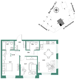 Планировка 2-комн. квартира, 67.49 м² ЖК «Страна.Парковая»