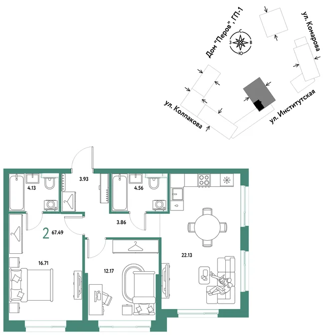 Планировка 2-комн. квартира, 67.49 м² ЖК «Страна.Парковая» Планировка 2-комн. квартира, 67.49 м² ЖК «Страна.Парковая»
