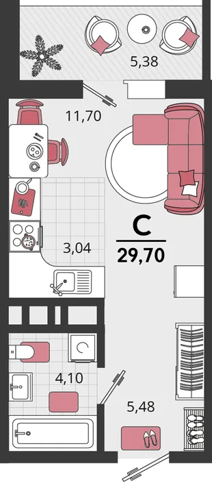 Планировка 1-комн. квартира, 29.7 м² ЖК «Родные просторы»