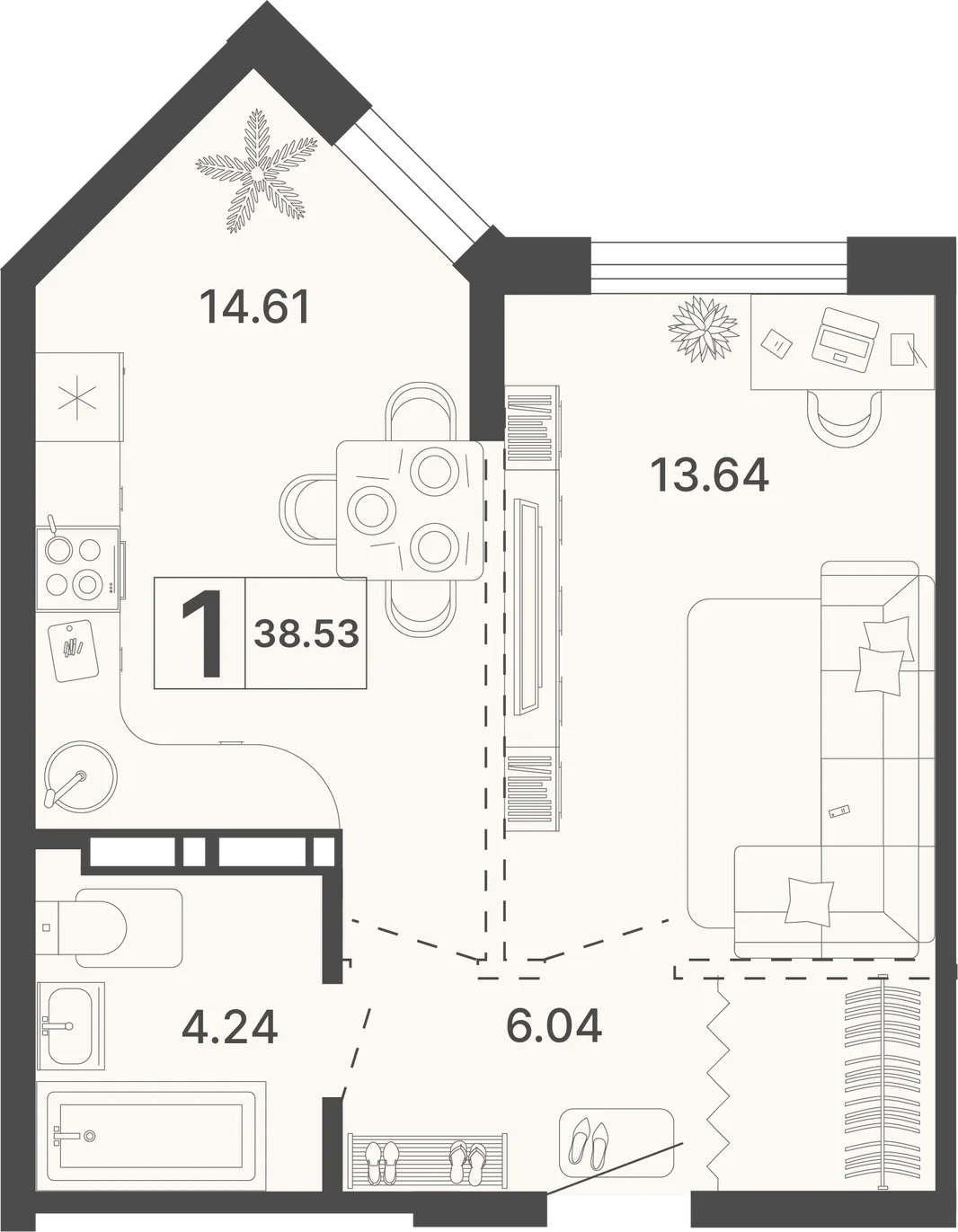 Планировка 1-комн. квартира, 38.53 м² ЖК «Светский лес»