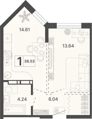 Планировка 1-комн. квартира, 38.53 м² ЖК «Светский лес»