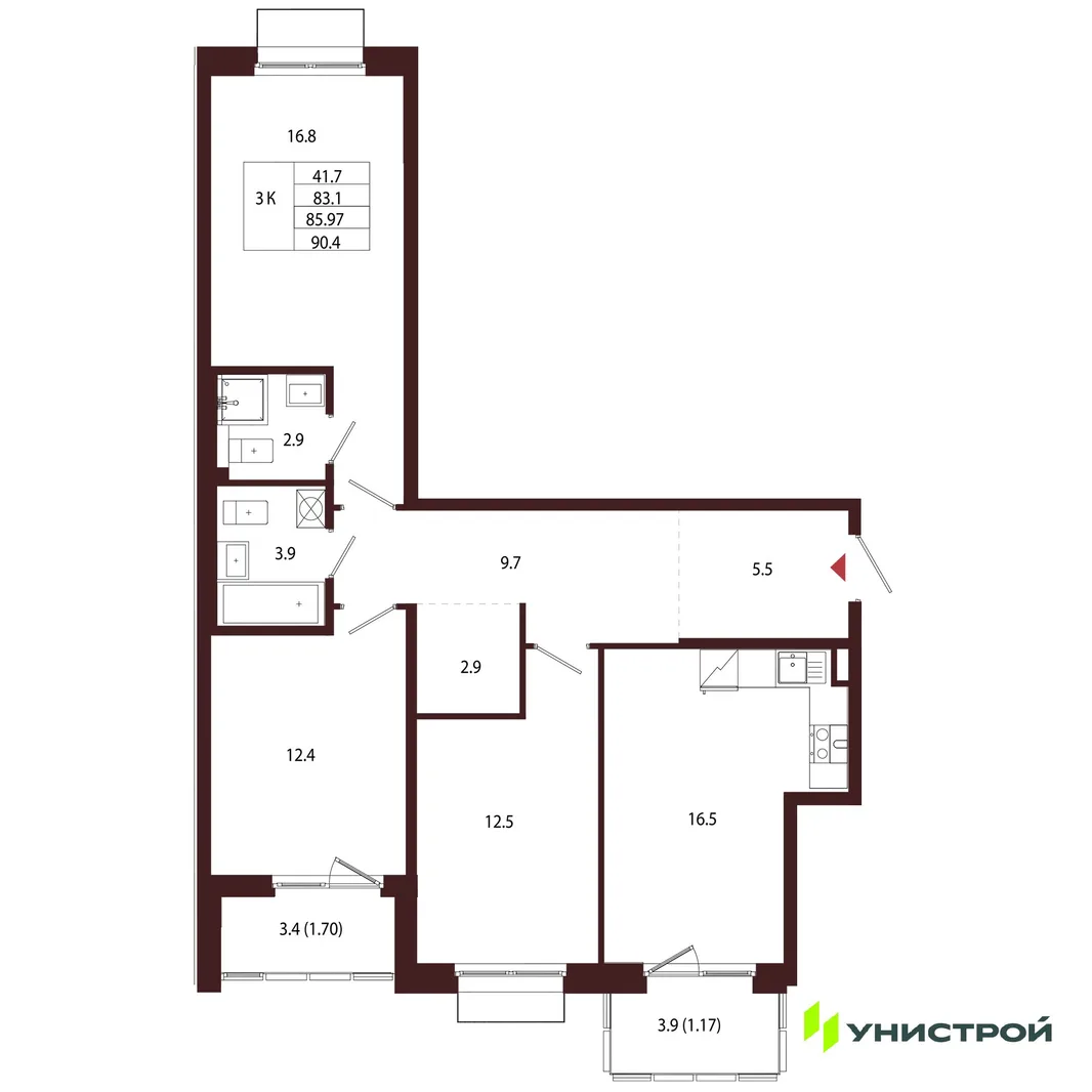 Планировка 3-комн. квартира, 85.97 м² ЖК «Лисино»