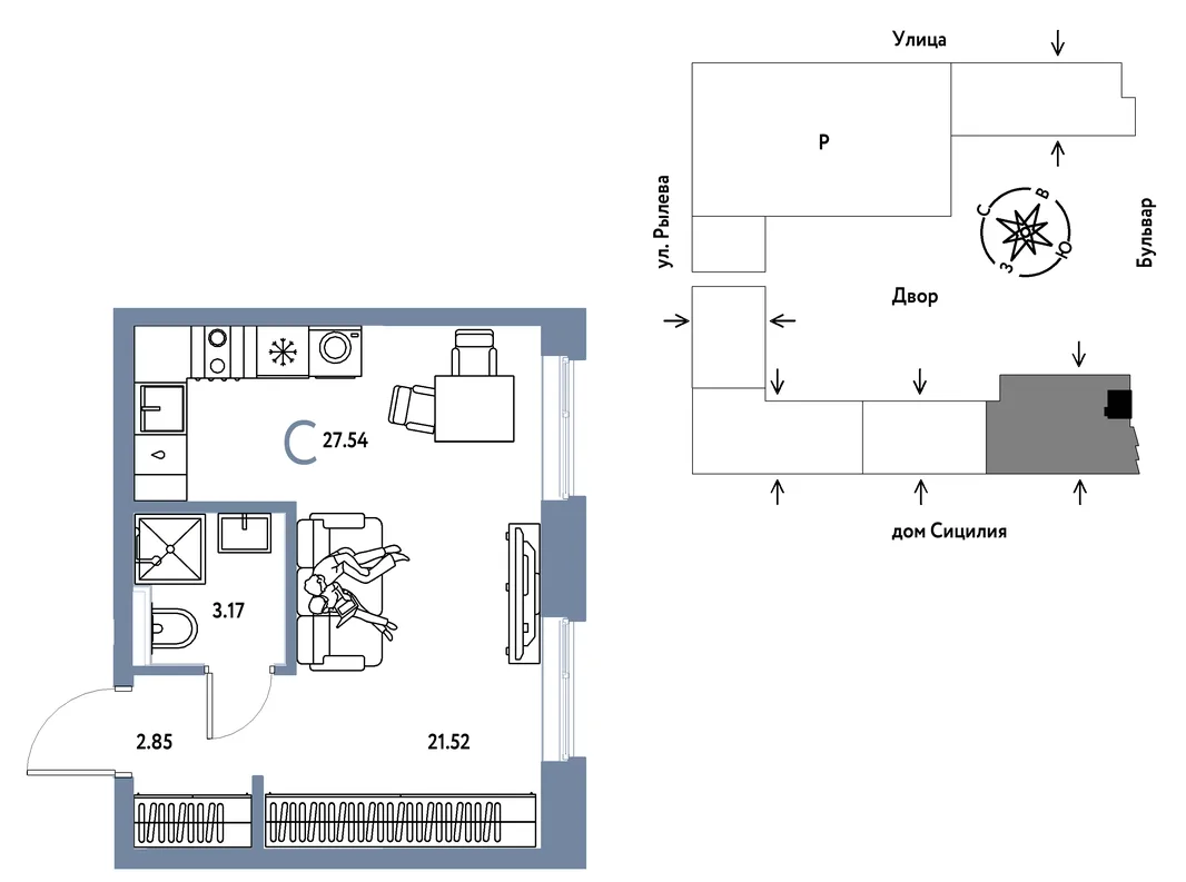 Планировка Студия, 27.54 м² ЖК «Остров-сад»