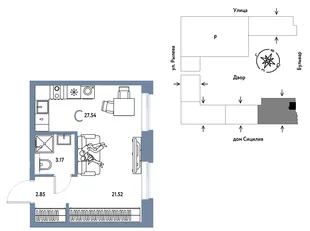 Планировка Студия, 27.54 м² ЖК «Остров-сад»