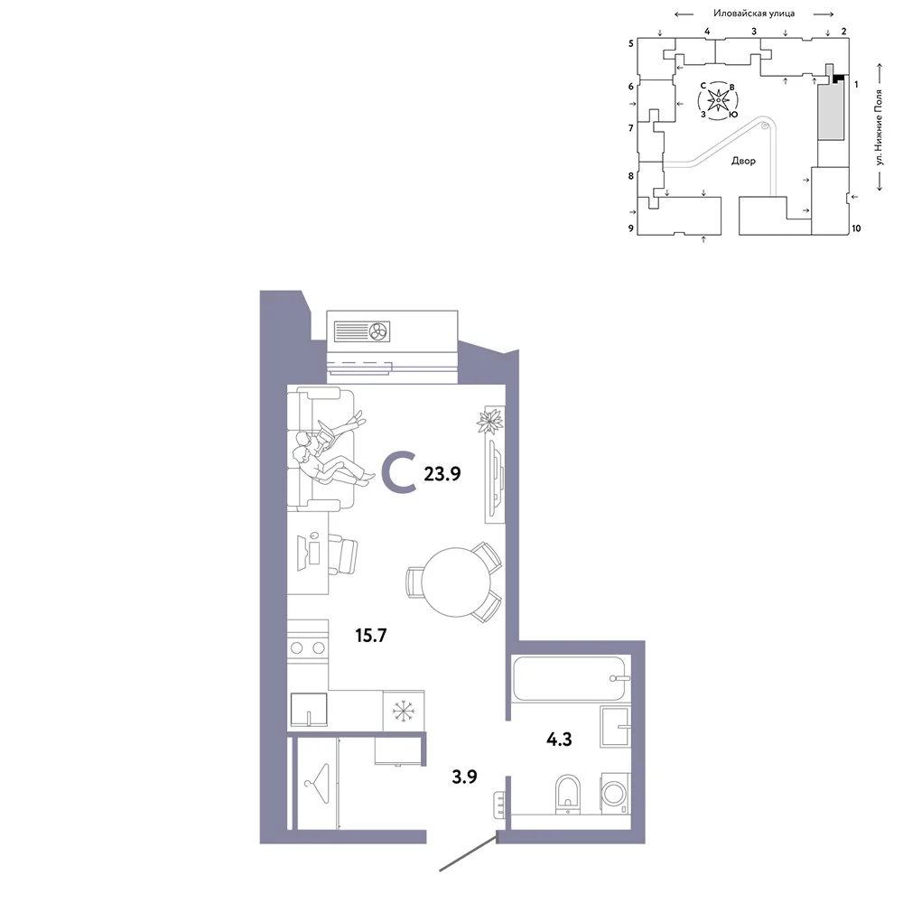 Планировка Студия, 23.9 м² ЖК «Страна.Заречная»