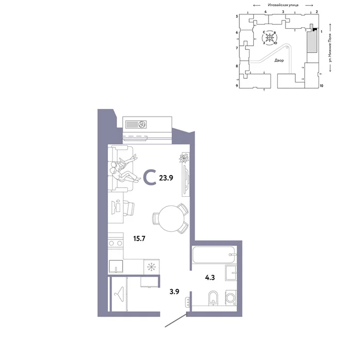 Планировка Студия, 23.9 м² ЖК «Страна.Заречная»