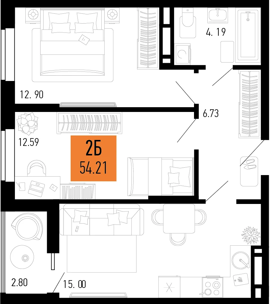 Планировка 2-комн. квартира, 54.21 м² ЖК «Столицыно»