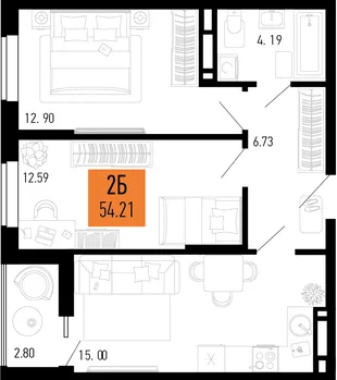 Планировка 2-комн. квартира, 54.21 м² ЖК «Столицыно»