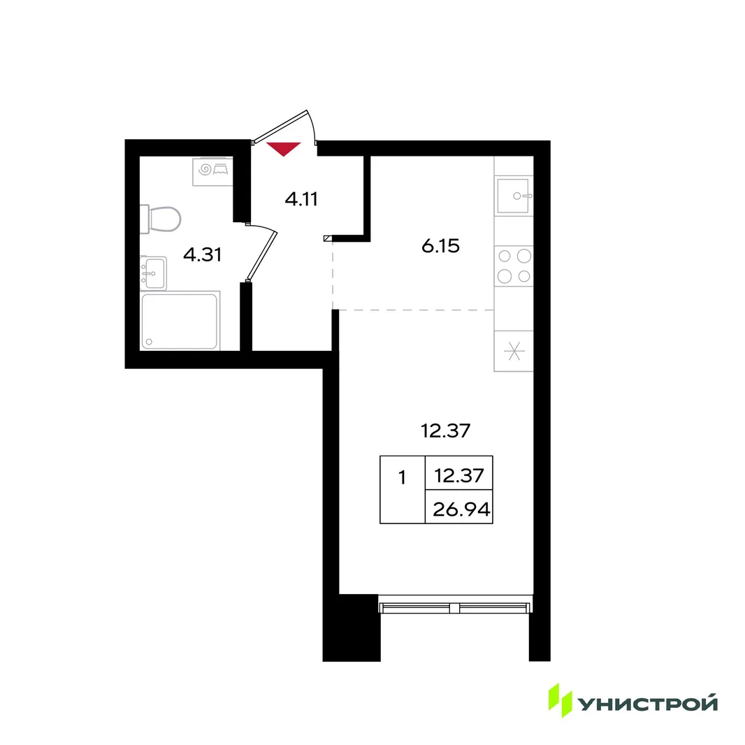 Планировка 1-комн. квартира, 26.94 м² ЖК «Уникум на Энгельса»