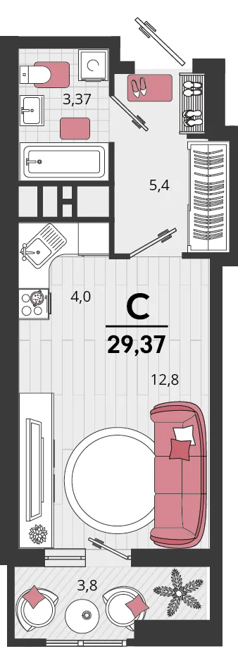 Планировка Студия, 29.37 м² ЖК «Родные просторы»