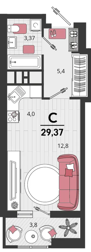 Планировка Студия, 29.37 м² ЖК «Родные просторы»