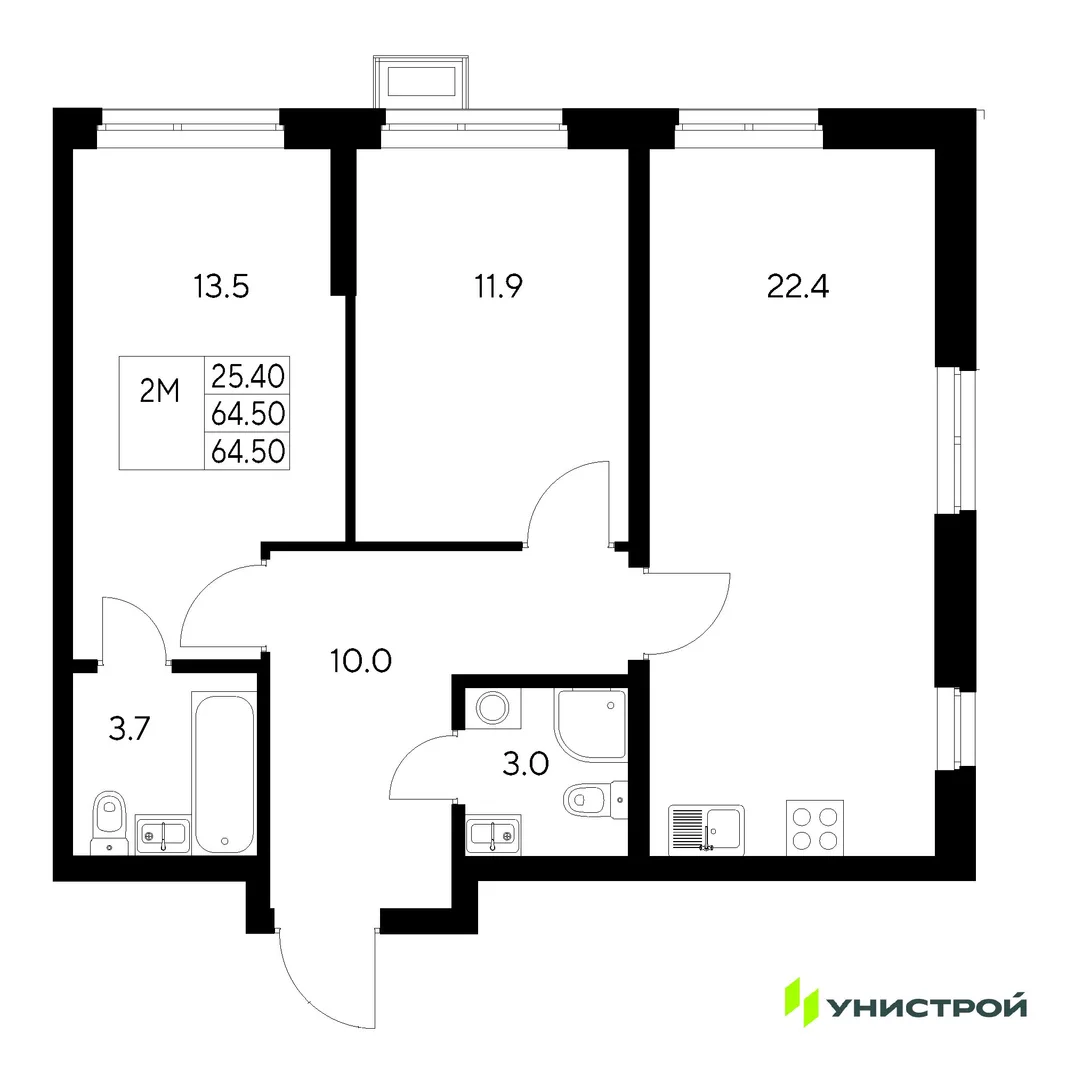 Планировка 2-комн. квартира, 64.5 м² ЖК «Стадиум»