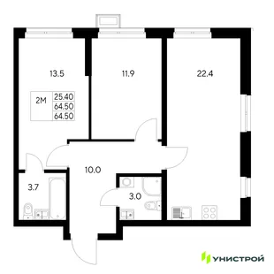 Планировка 2-комн. квартира, 64.5 м² ЖК «Стадиум»