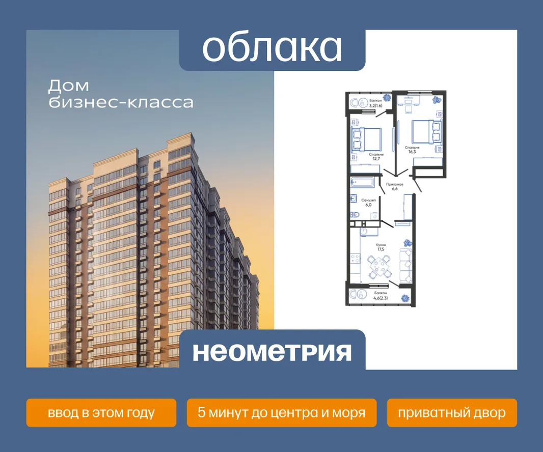 Планировка 2-комн. квартира, 63 м² ЖК «Облака»