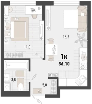 Планировка 1-комн. квартира, 36.1 м² ЖК «Барса»