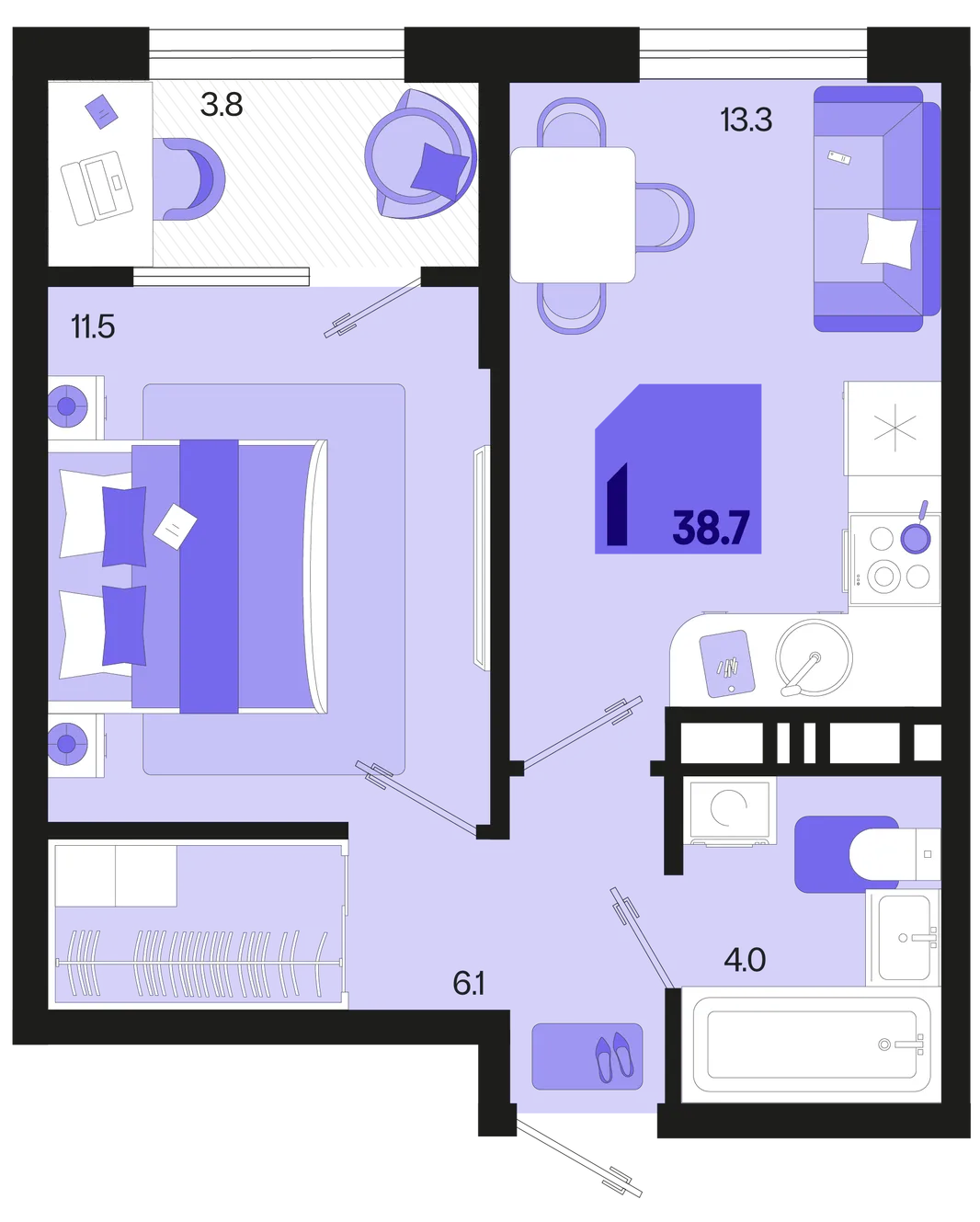 Планировка 1-комн. квартира, 38.7 м² ЖК «Первое место»