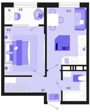 Планировка 1-комн. квартира, 38.7 м² ЖК «Первое место»