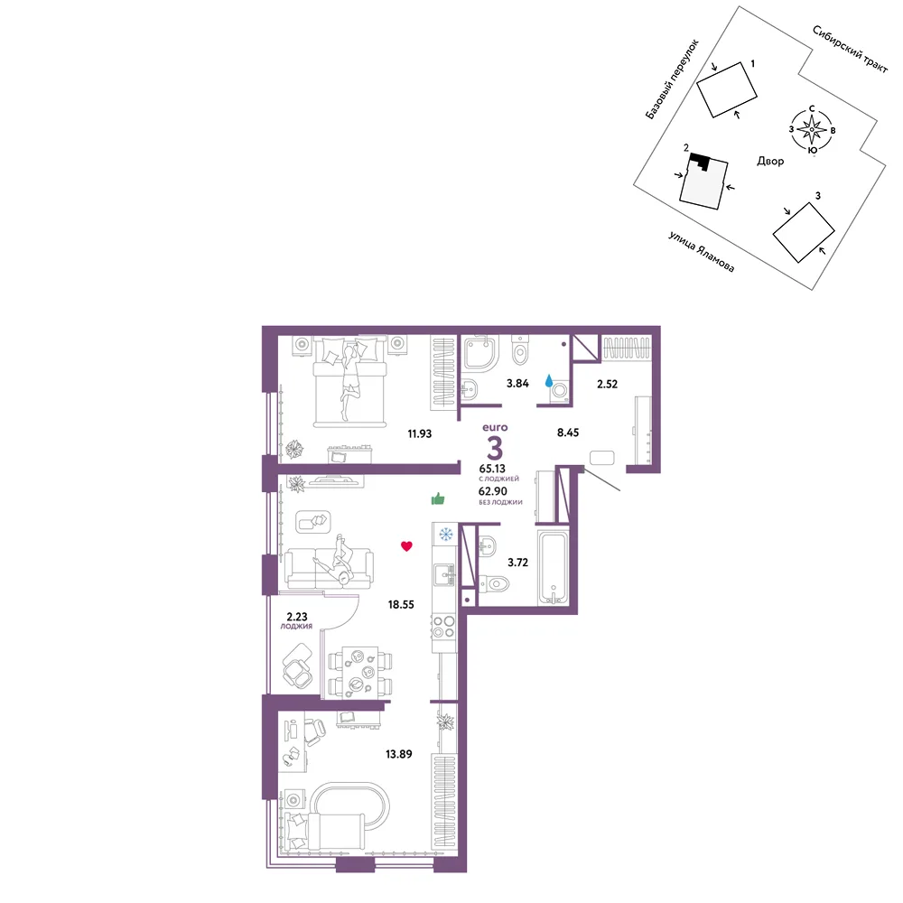 Планировка 3-комн. квартира, 65.13 м² ЖК «Сибирский сад»