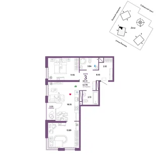 Планировка 3-комн. квартира, 65.13 м² ЖК «Сибирский сад»
