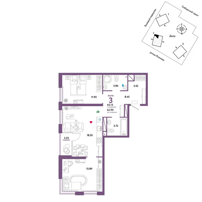 Планировка 3-комн. квартира, 65.13 м² ЖК «Сибирский сад» Планировка 3-комн. квартира, 65.13 м² ЖК «Сибирский сад»