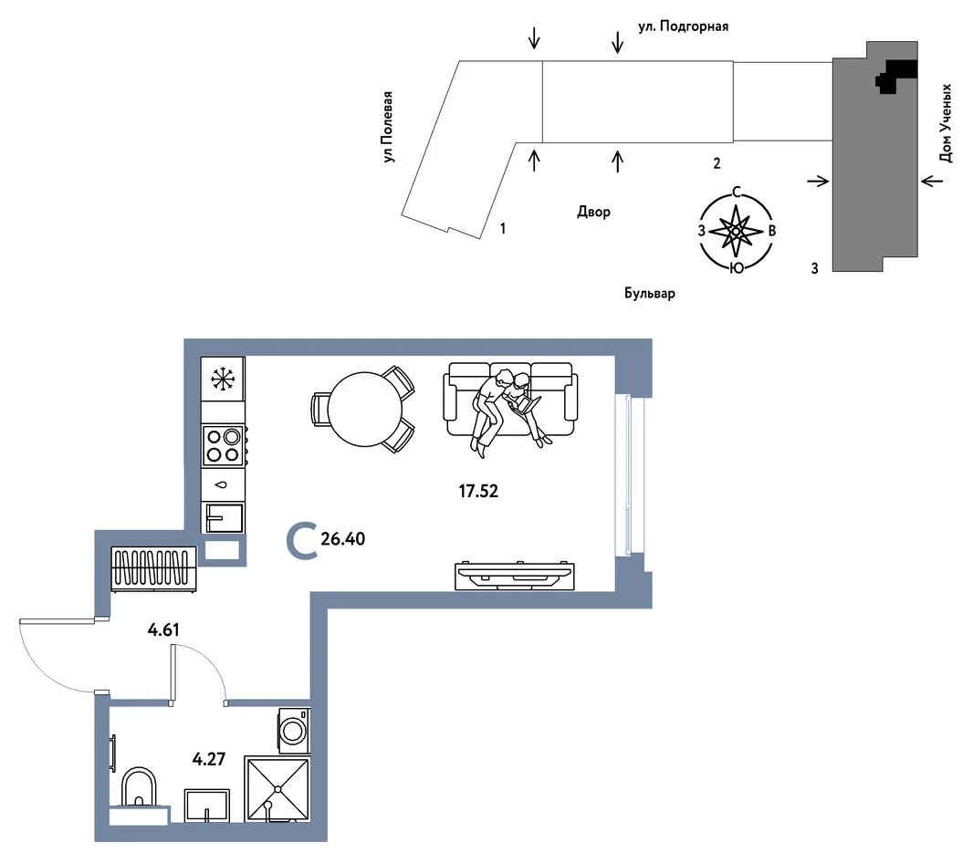 Планировка Студия, 26.48 м² ЖК «Авторский»