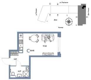 Планировка Студия, 26.48 м² ЖК «Авторский»