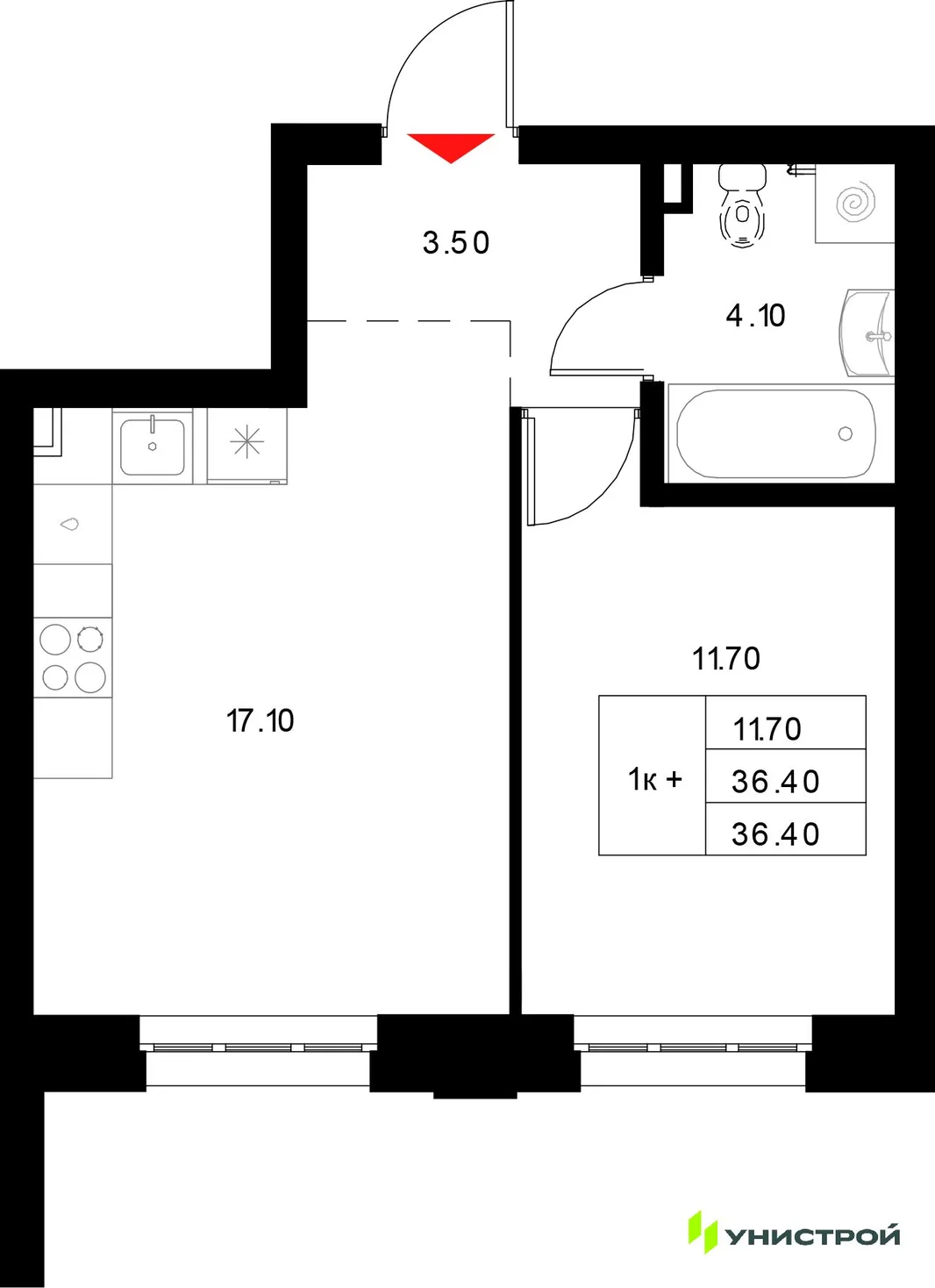 Планировка 1-комн. квартира, 36.4 м² ЖК «Уникод на Технической»