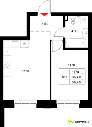 Планировка 1-комн. квартира, 36.4 м² ЖК «Уникод на Технической»