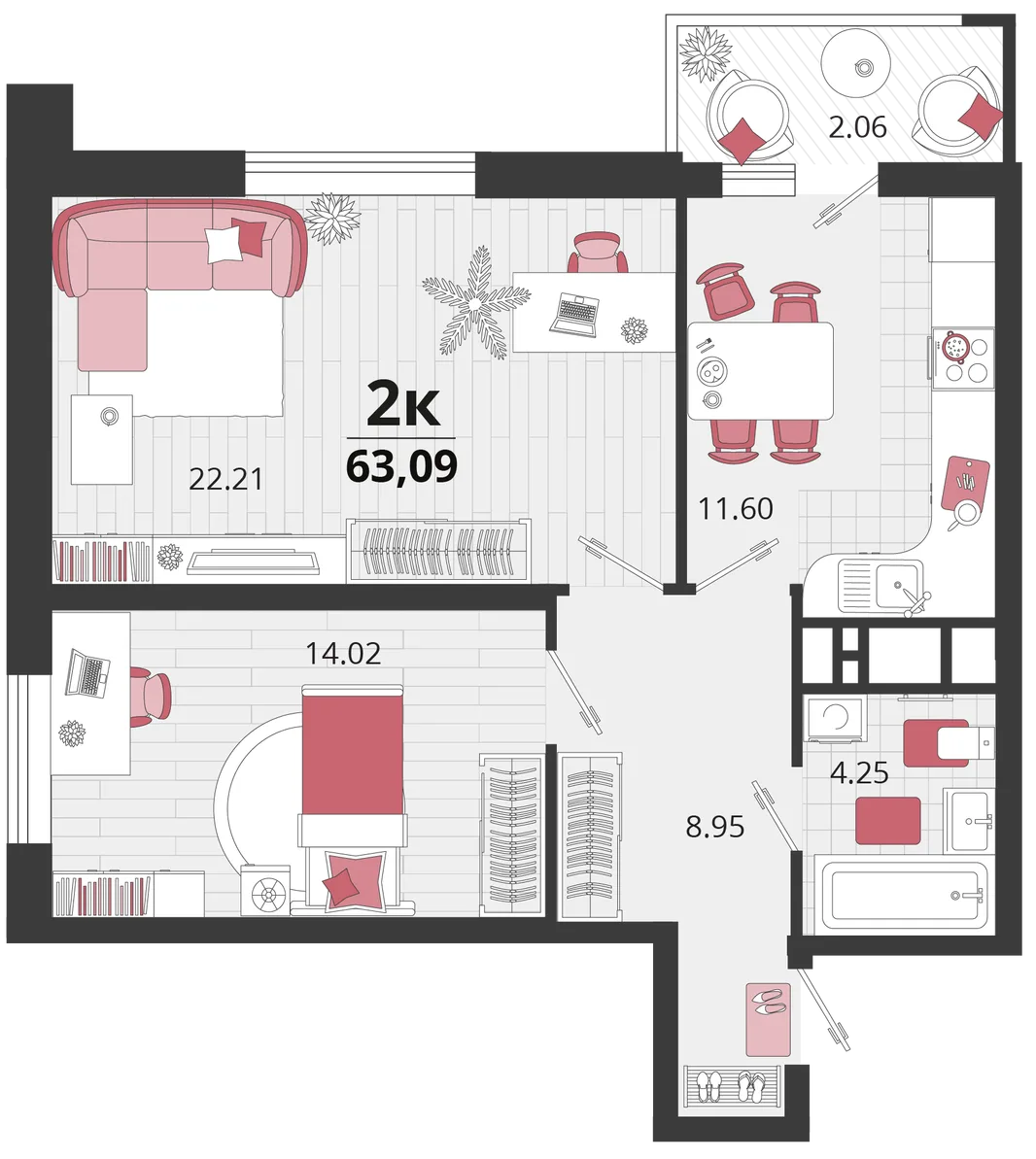 Планировка 2-комн. квартира, 62.75 м² ЖК «Родные просторы»