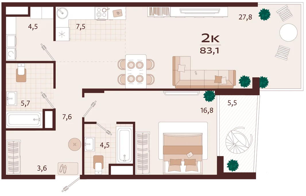 Планировка 2-комн. квартира, 83.1 м² ЖК «Роялта»